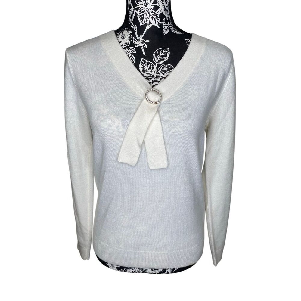 Cream Rhinestone Bow Sweater Preppy Coquette Knit Top Cottagecore Office Work